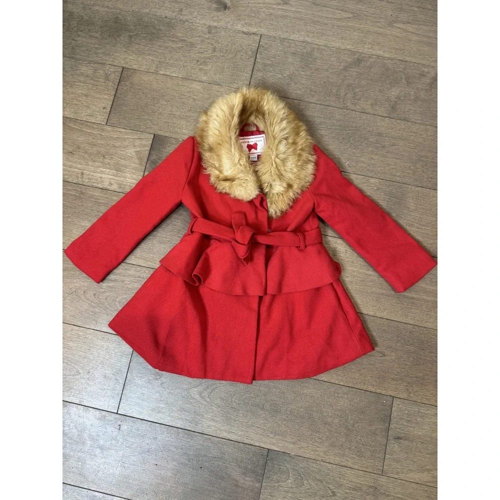 Janie and Jack Coat Girls 18-24 Months Red Faux Fur Collar Belted‎ Peplum Ruffle